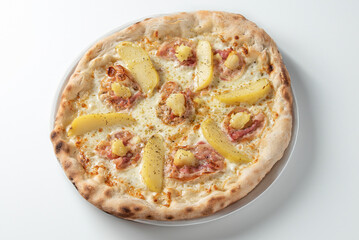 Italian traditional white pizza with potatoes , bacon and mozzarella cheese , isolated on white background
