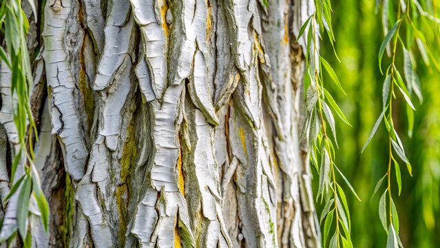 Close-up of white willow bark's intricate patterns and soft, silvery-gray texture, revealing natural beauty and soothing medicinal properties of the ancient plant.