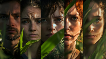 A series of close-up portraits of climate scientists, with their faces showing concern, standing amidst natural environments affected by climate change.


