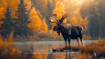 Majestic Moose Towering in Vibrant Autumnal Forest and Lake Landscape