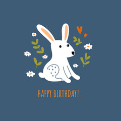 Cute happy birthday card with rabbit