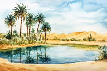 Obraz premium Peaceful desert oasis with palm trees reflected in a calm, blue pond surrounded by sand dunes and a clear sky, capturing nature's serenity.