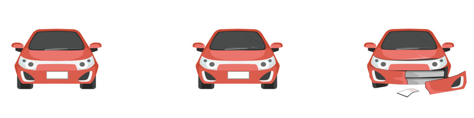 Cartoon Vector or illustration. Status front of the soft red car from normal car to the car was slightly damaged. until the car was severely damaged Damage the entire front.