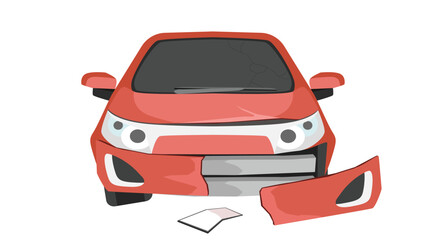 Cartoon Vector or illustration of soft red car view from front car. front bumper is broken. Isolated white background.