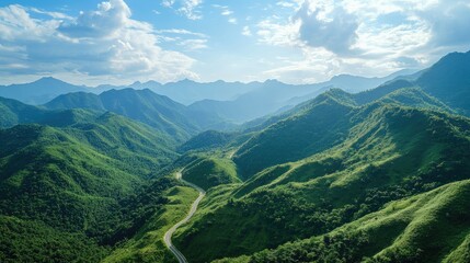 Naklejka premium Top view of a mountain road with lush green slopes and distant peaks. Ideal for nature and outdoor adventure content