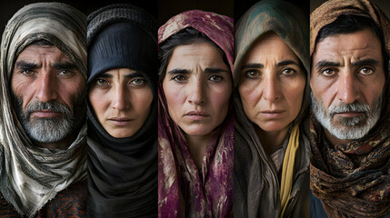 Naklejka premium A series of close-up portraits of refugees from various crises, with expressions of hope and resilience, wearing clothes that tell their stories.