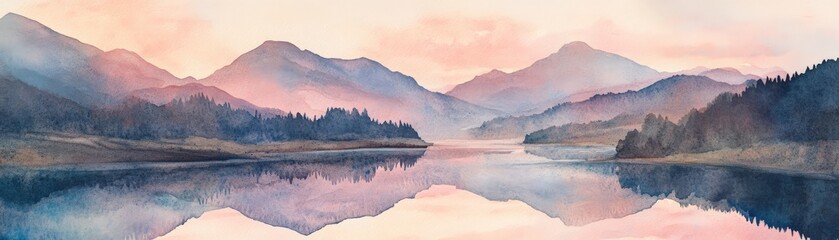 Fototapeta premium Peaceful watercolor painting of a serene mountain lake with soft pastel colors, calm reflections, and a tranquil atmosphere at dawn.