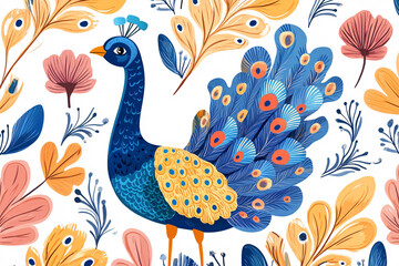 stylized peacock featuring vibrant blue and orange feathers, surrounded by detailed floral design elements