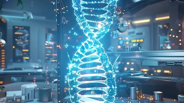 Exploring a futuristic laboratory with a holographic DNA structure during nighttime