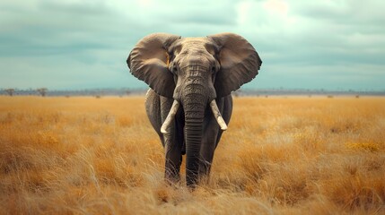 Fototapeta premium Majestic African Elephant With Powerful Tusks in Vibrant Savannah Landscape
