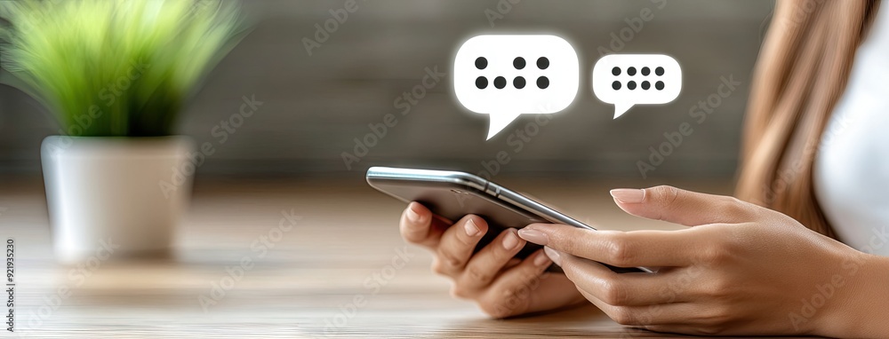 Poster a close-up view of a woman engaging with a smartphone while communicating with a virtual chatbot in 