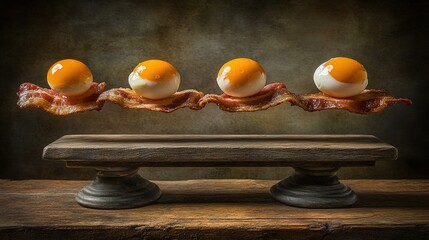 Naklejka premium Surreal Breakfast Scene: Floating Bacon and Eggs Defying Gravity in a Unique Photo