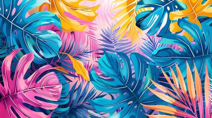 An abstract illustration of tropical leaves, including various species like monstera and fern, in a colorful pattern on a white background. Bright colors, intricate details, hd quality,