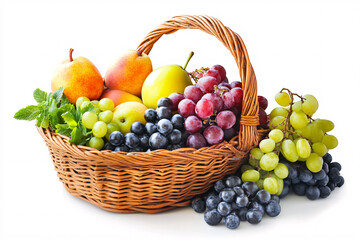 wicker basket filled with a variety of colorful fruits including grapes, apples, and pears, set against a clean white background