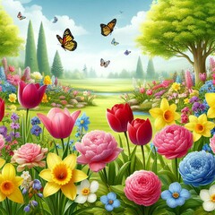landscape with butterflies and flowers