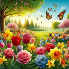 landscape with butterflies and flowers