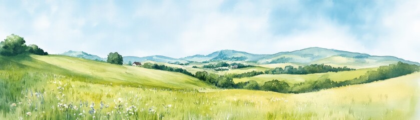 Fototapeta premium Scenic panoramic view of rolling green hills under a blue sky with white clouds, perfect for nature, landscape, and background use.
