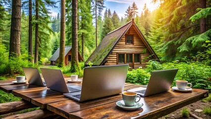 Cozy cabin nestled among trees, surrounded by laptops, notebooks, and coffee cups, symbolizing a productive and connected remote community in a peaceful natural setting.