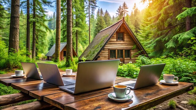 Cozy cabin nestled among trees, surrounded by laptops, notebooks, and coffee cups, symbolizing a productive and connected remote community in a peaceful natural setting.