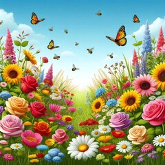 landscape with butterflies and flowers