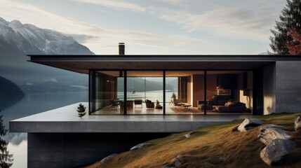 Obraz premium Modern glass house overlooking a serene lake and mountains.