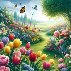 landscape with butterflies and flowers