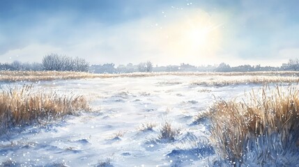 Scenic winter landscape with frosty field under bright sunlight, blue skies, and distant trees on a serene morning.