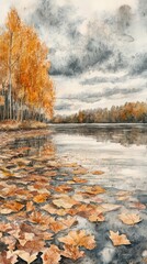 Fototapeta premium Serene autumn landscape with vibrant fall foliage, cloudy skies, and leaves floating on a calm lake, capturing the beauty of nature in watercolor style.