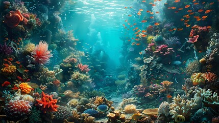 Naklejka premium An artistic depiction of a coral reef scene with vibrant marine life, intertwined with nautical elements like anchors and shipwrecks. Bright colors, rich textures, hd quality, underwater and nautical.