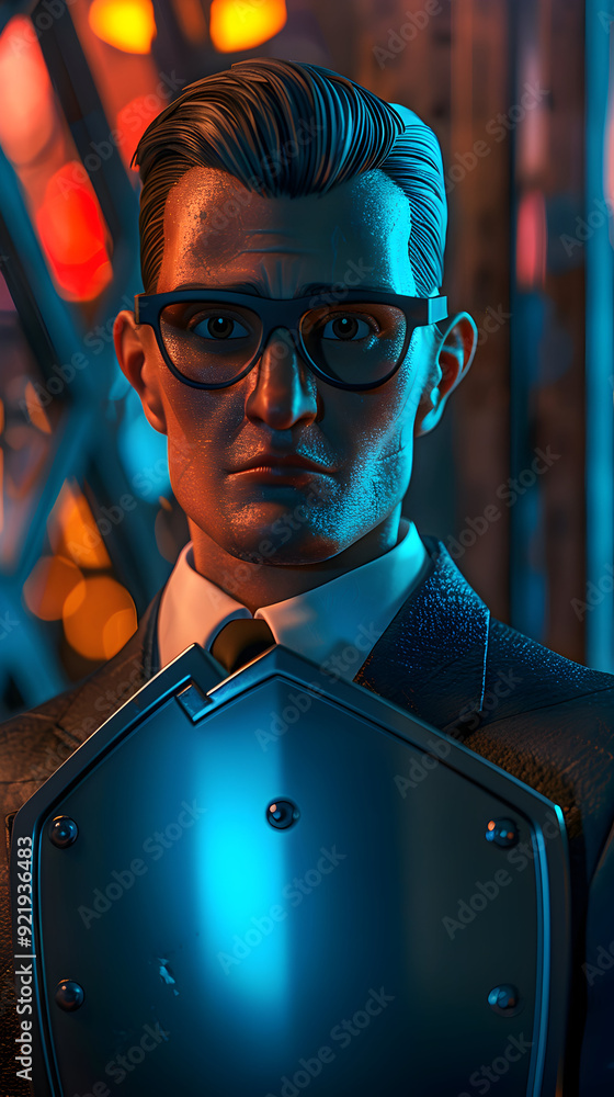 Poster security director with plan and shield � photo realistic image symbolizing security direction and is