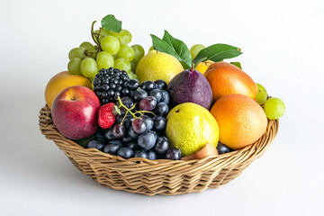 A wicker basket filled with a variety of fresh fruits, including grapes, oranges, apples, and more, against a white background