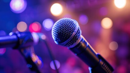 Obraz premium A microphone is foregrounded against vibrant stage lights, capturing the energy of a live music performance
