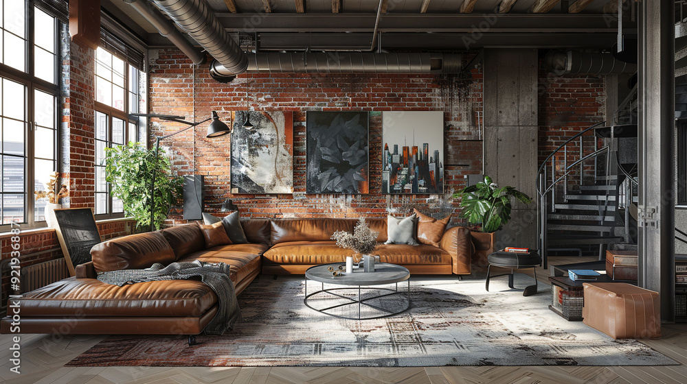 Canvas Prints industrial loft living room with leather sofa