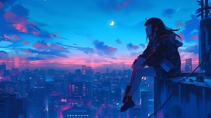 Fototapeta premium Anime Girl Reflecting on Rooftop at Dusk in Lo-Fi Aesthetic