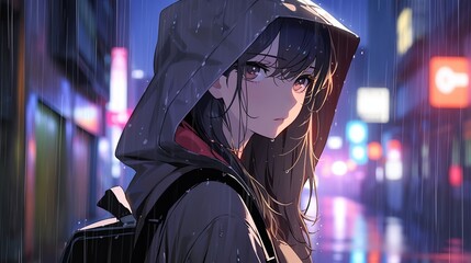 Anime Girl in Hooded Jacket Walking in the Rainy City