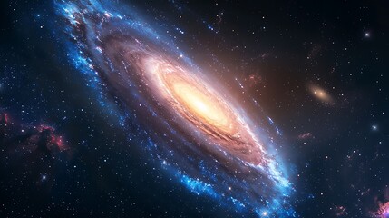 An artistic rendering of the Milky Way galaxy, with its luminous core and spiraling arms filled with stars and nebulae, in a vast cosmic setting. Detailed, high contrast, hd quality,