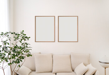 Wood Frame Mockup, Gallery Wall, Wall Art Mock up, Poster, Exhibition, Thin Frame SET, Livingroom Interior