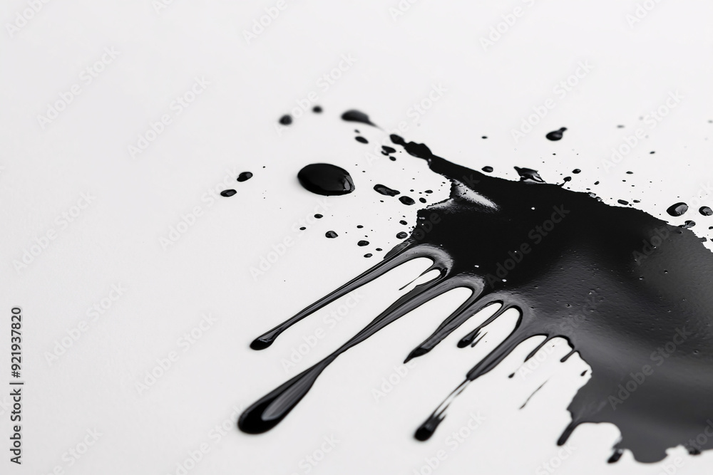 Poster black ink splatter on a white background creates a dramatic and bold visual with sharp edges and flu