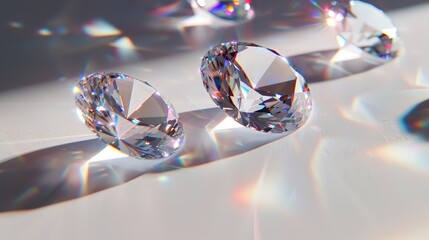 Sparkling Glass Diamonds with Prismatic Light Effects on White Background