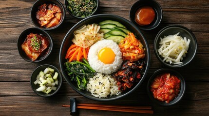 Traditional Korean rice with vegetable side dishes (banchan) on a wooden table. Great for cultural food content