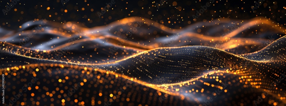 Poster dark background with golden glowing dots forming an abstract wave pattern