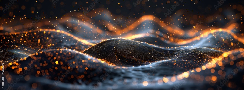 Poster dark background with golden glowing dots forming an abstract wave pattern