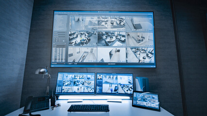 Surveillance video footage from the security cameras in office displayed on computer monitors, tablet display and big digital screen in dark modern monitoring center. Workplace for CCTV operator.