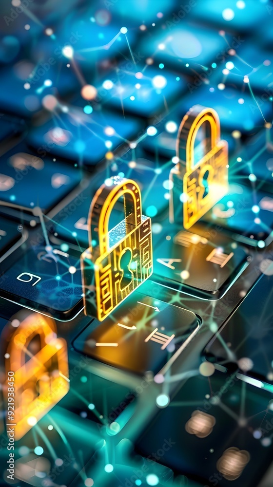 Poster cyber security concept with padlocks on keyboard.