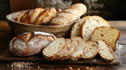 Variety of artisanal bread including ciabatta, focaccia, and multigrain slices on a wooden table. Great for culinary features