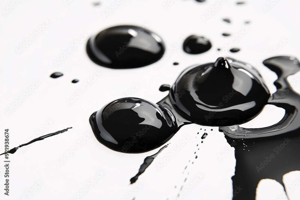 Poster black ink drops scattered on a white surface create a stark contrast emphasizing the fluidity and ra