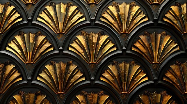 An opulent Art Deco pattern in gold and black, showcasing detailed geometric designs and fan motifs. High contrast, glamorous, hd quality, sophisticated and refined. --ar 16:9 --v 6.