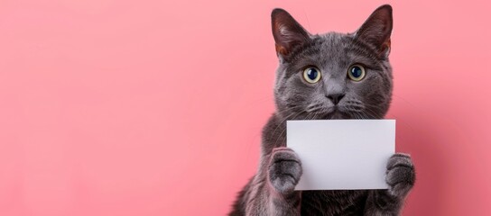 gray cat holding white card on pink background