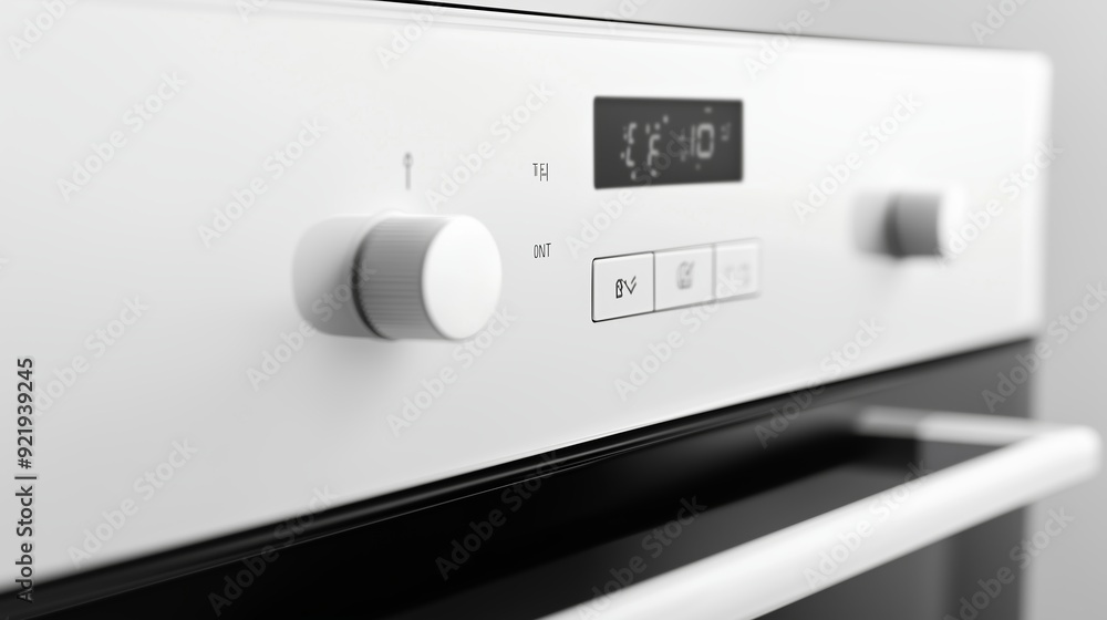 Poster close-up view of a modern oven control panel in a minimalist kitchen setting with digital display an