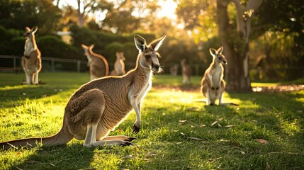 Kangaroos feeding, caring, and socializing outdoors
